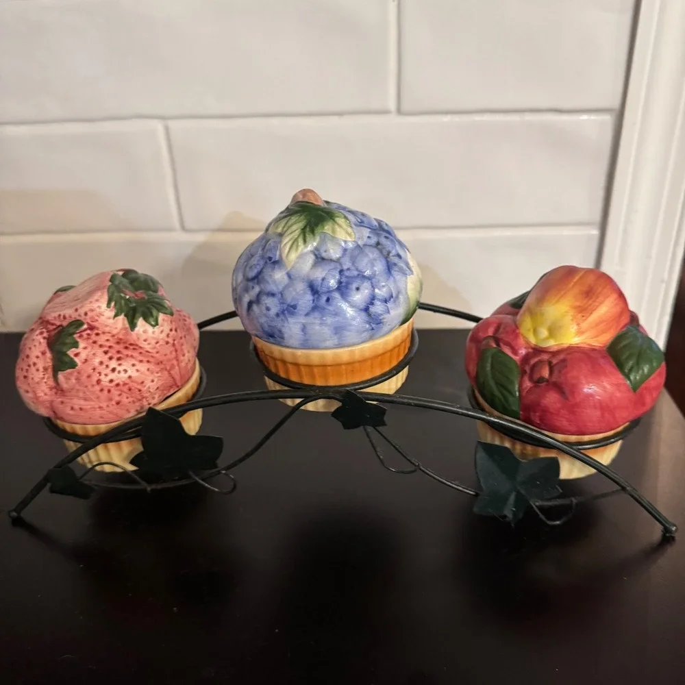 Ceramic Fruit Canister Set Metal Rack Cottagecore Strawberry blueberry apples